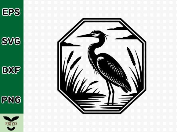 Great Blue Heron Silhouette Octagon Graphic for Crafts
